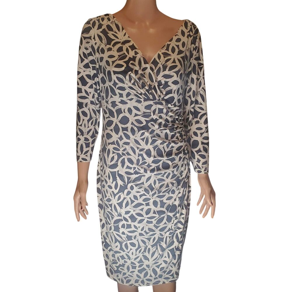 Lauren Ralph Lauren Faux Wrap Midi Dress 12 White Gray Floral Ruched Jersey CBK
